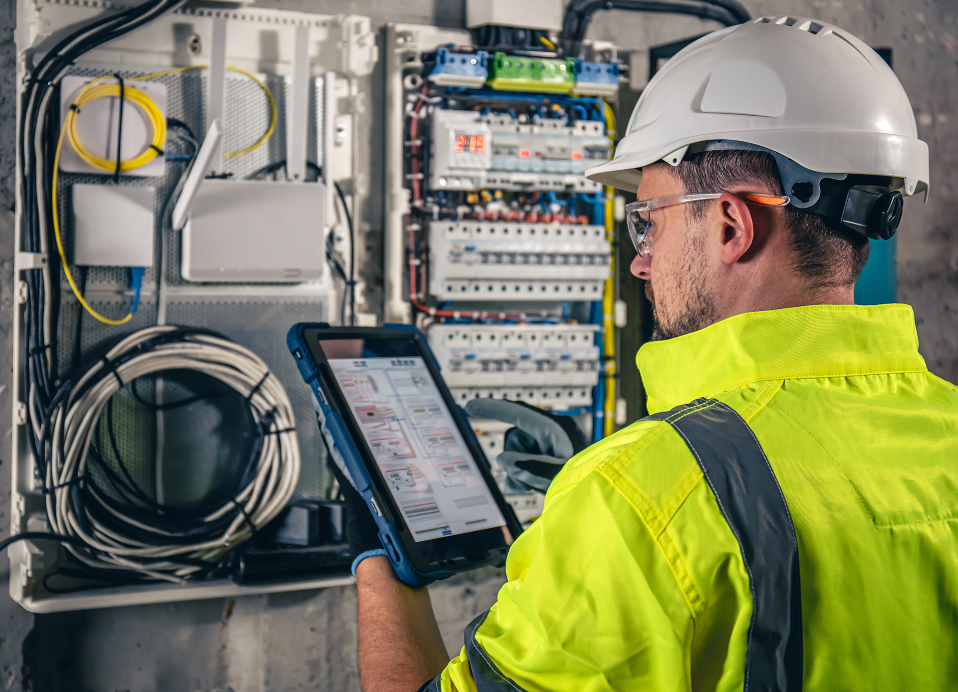 Man, an electrical technician working in a switchboard with fuses. Installation and connection of electrical equipment. Professional uses a tablet.